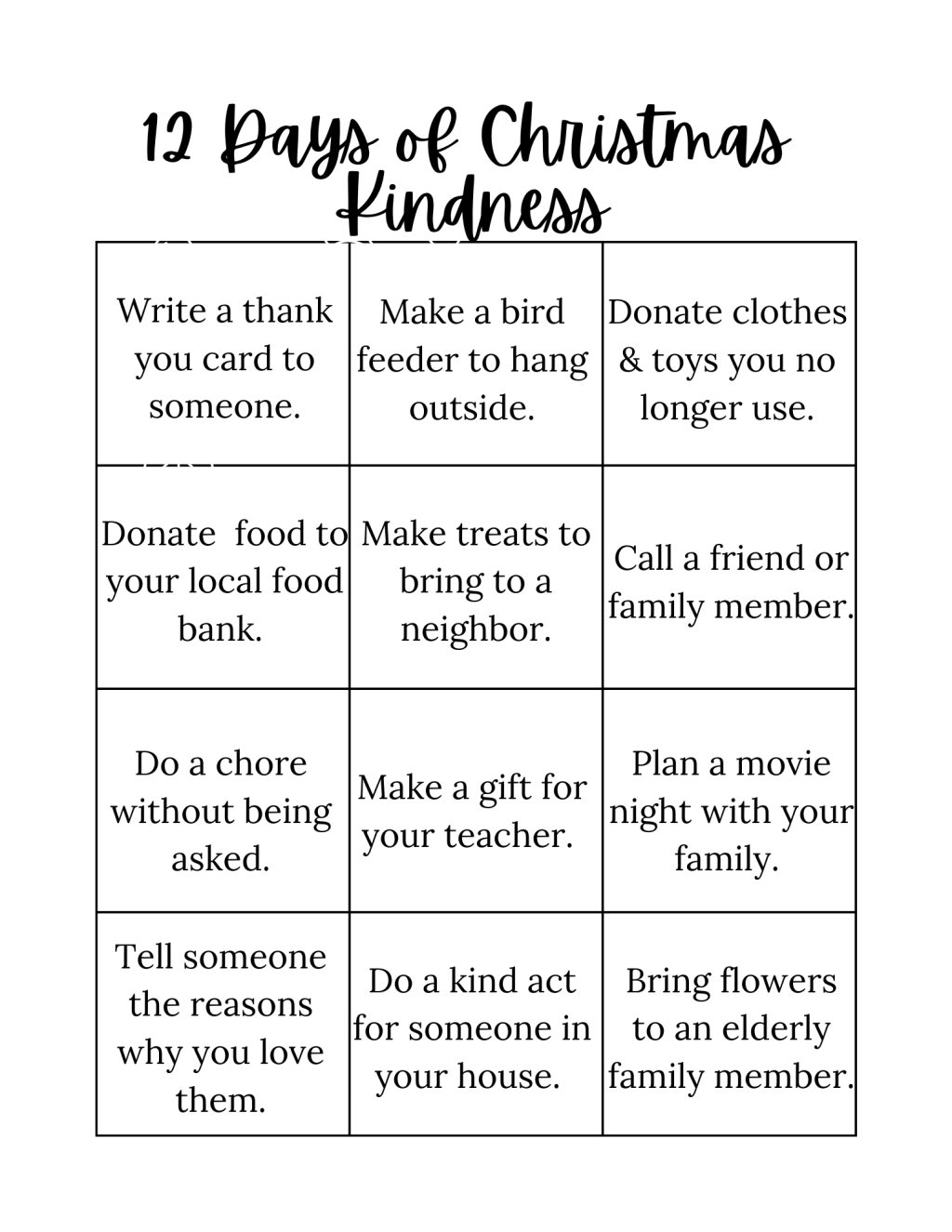 12 Days of Christmas Kindness FREE PDF Printable